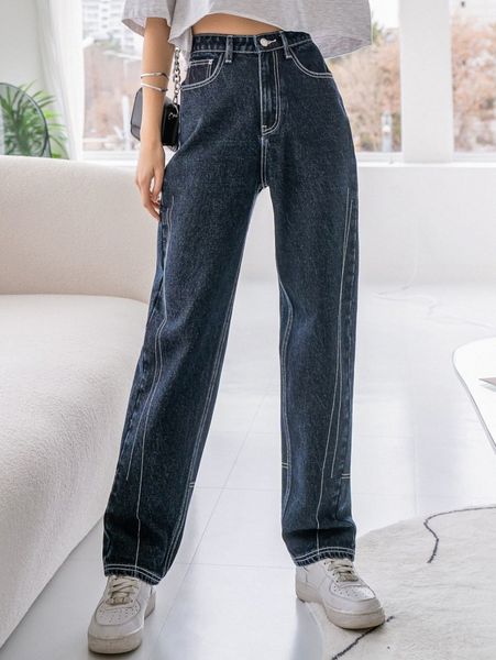 

dazy high waist stitching straight leg jeans s75l#, Blue
