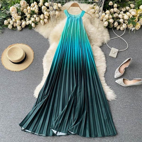 

a-line round neck dress women sleeveless gradient pleated boho midi lady casual loose oversize party robe longue femme dresses, Black;gray