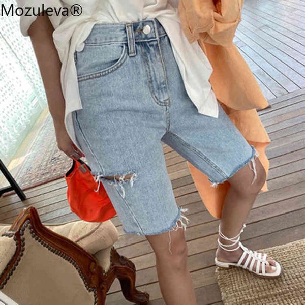 

women summer jeans high waist casual trousers ripped denim streetwear skinny raw edge knee length pants 210427, Blue