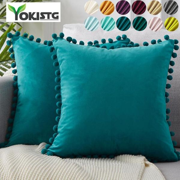 

yokistg soft velvet pillowcases solid cushion cover square decorative pillows with balls for sofa bed car home throw pillow cushion/decorati