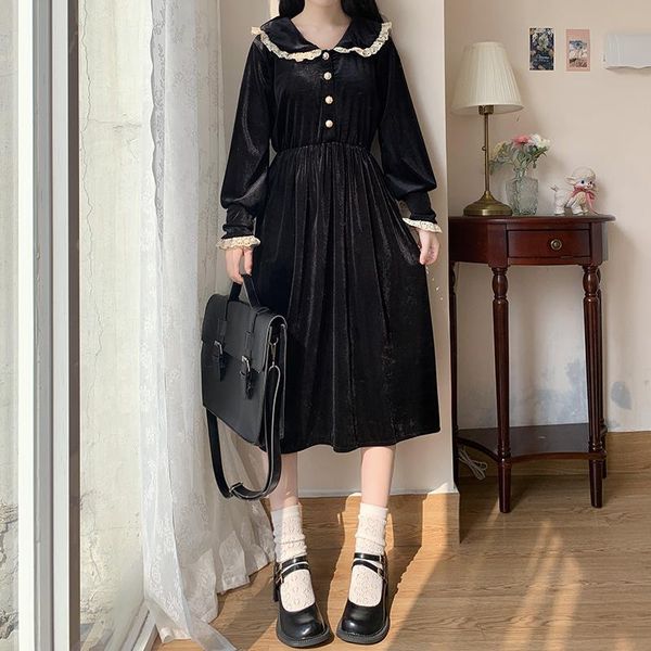 

casual dresses french retro velvet elegant soft women baby lace collar long sleeve high waist warm solid black lolita dress 2021 winter, Black;gray