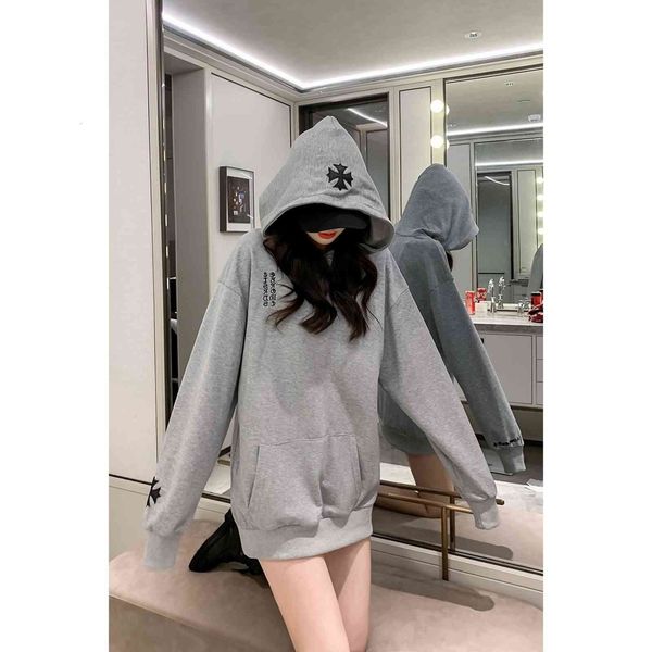 

new 2021ch autumn and winter patchwork embroidered style hooded loose versatile gray sweater women's middle long fashion, Black