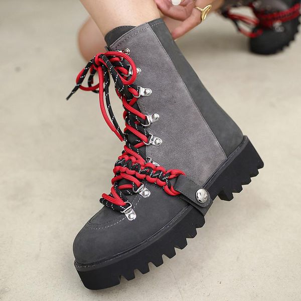 

boots all match cross tied flat with genuine leather women platform round toe thick sole shoes zipper, Black