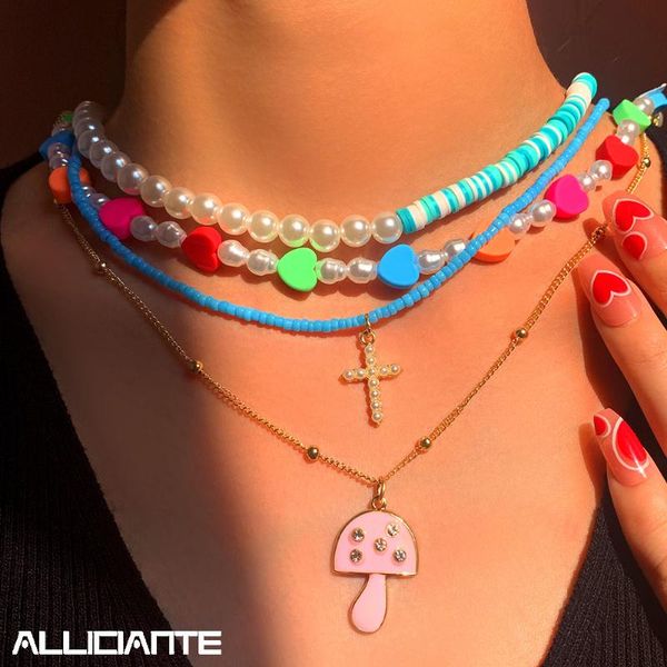 

chains handmade clay soft pottery beaded necklace for women girls multicolor heart pearl choker mushroom cross pendant jewelry, Silver
