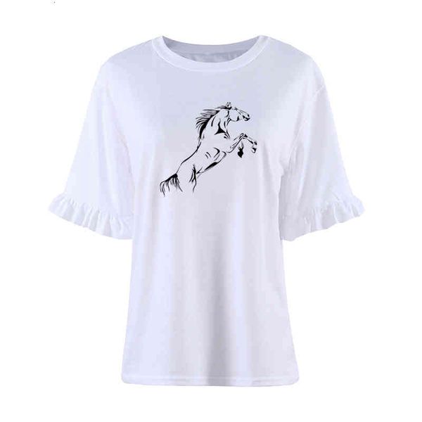 

summer running horse funny t shirt women loose cotton petal sleeve female t-shirts fashion tees o-neck loose camisetas, White