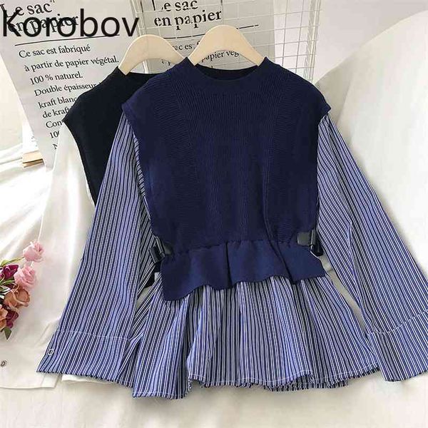 

korobov autumn winter korean pullovers female o neck long sleeve hit color patchwork streetwear sweaters fake 2 pieces 210430, White;black