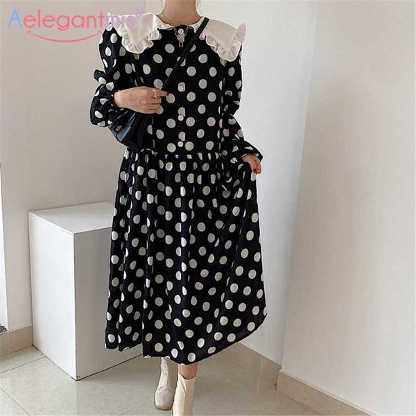 Aelegantmis Peter Pan Kragen Frauen Weiß Schwarz Polka Dot Kleid Nette Koreanische Lose Süße Weibliche Kawaii Vestidos Femme 210607