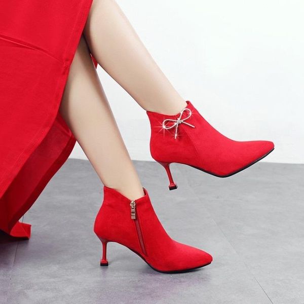 

boots ankle women's high heels bow pointed toe woman shoes womens red, Black