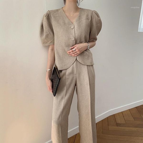 

women's tracksuits korean vintage two piece set summer clothes for women puff sleeve single breasted loose blouses + wide leg long pant, Gray