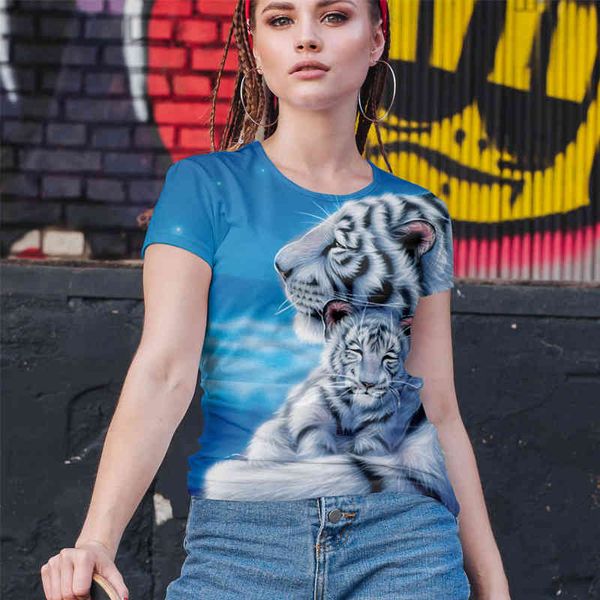 

new women's short sve o-neck casual animal lion overlord tiger 3d printed t-shirt, White
