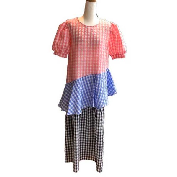 

perhaps u women summer casual loose spliecd ruffle o-neck puff sleeve pullover plaid ankle-length straight dress d3996 210529, Black;gray