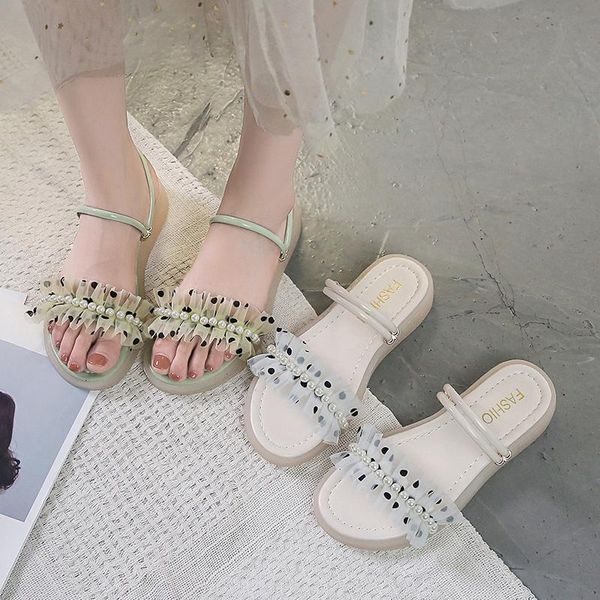 

slippers shoes woman 2021 string bead med casual transparent heel pantofle luxury summer rubber flat fabric basic rome slide, Black
