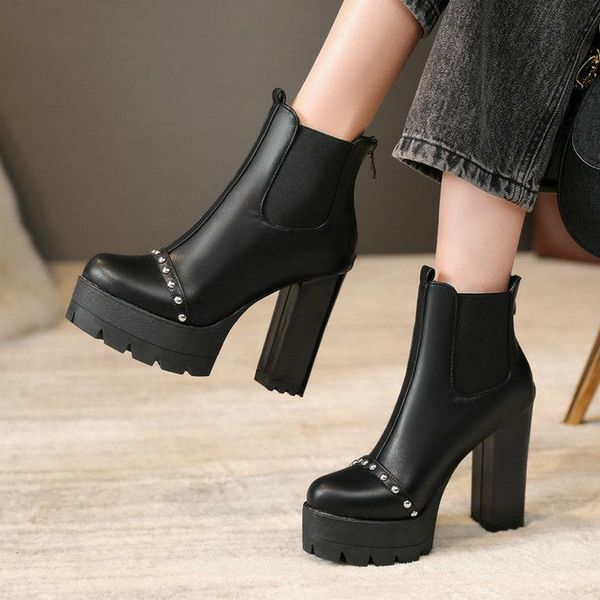 

boots patent pu leather women ankle platform square high heel short autumn winter zipper ladies plus size 34-43, Black