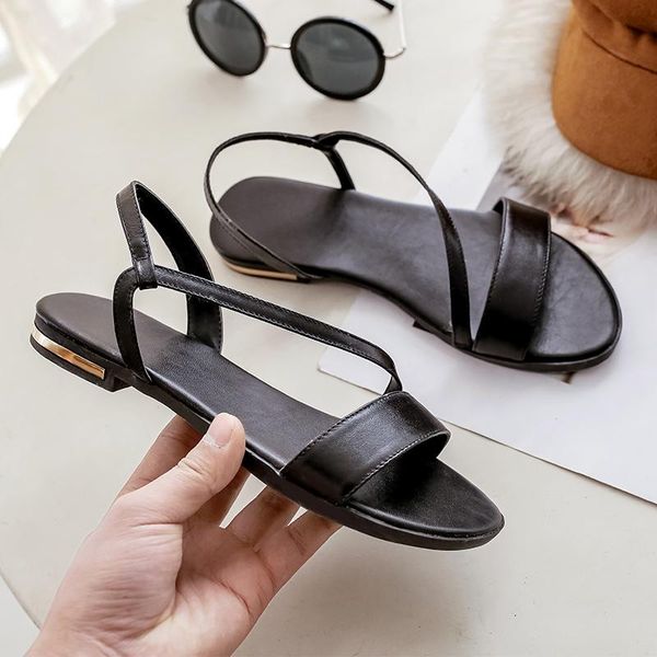 

size 31-46 genuine leather shoes women sandals buckle summer woman flat beach female, Black