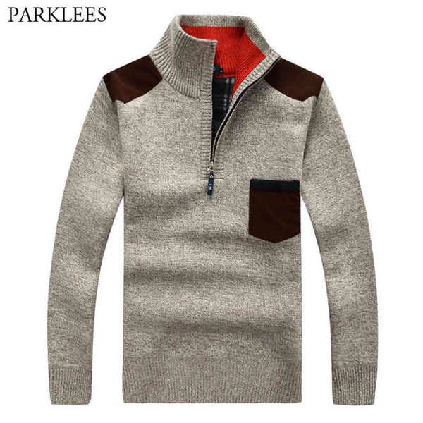 

thick warm patchwork mens pullover sweater turtleneck half zip mens sweaters fashion pocket splice men winter long sleeve coat 210524, White;black