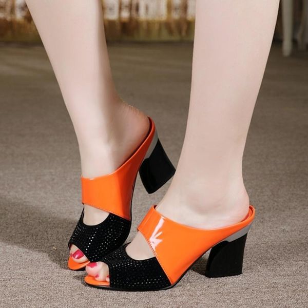 

patent leather string bead square heel slippers hollowed womens shoes fish mouth non-slip thick sandals work slides, Black