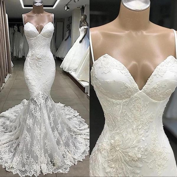 Abiti da sposa sirena in pizzo abito da sposa con spalline spaghetti applicato appliqued su misura plus size alla scollatura a cuore spiaggia sweep treno Vestitidos de novi 403 403