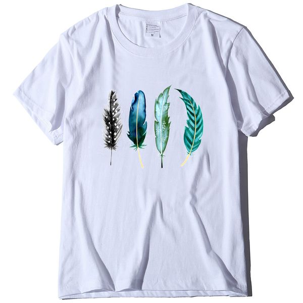 

artistic feather print summer large loose t-shirt short sve, White
