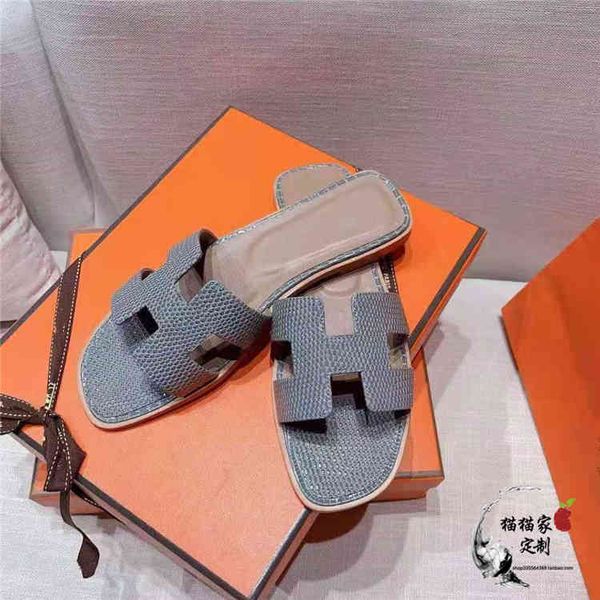 

slipper 2021 new lizard cowhide h trawl red street slippers h leisure vacation beach shoes h flat bottomzly, Black