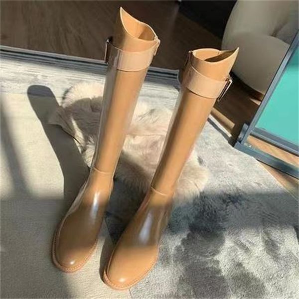 

small fragrant wind women's autumn and winter new style knee thick heel flat bottomed thin high tube knight boots, Black