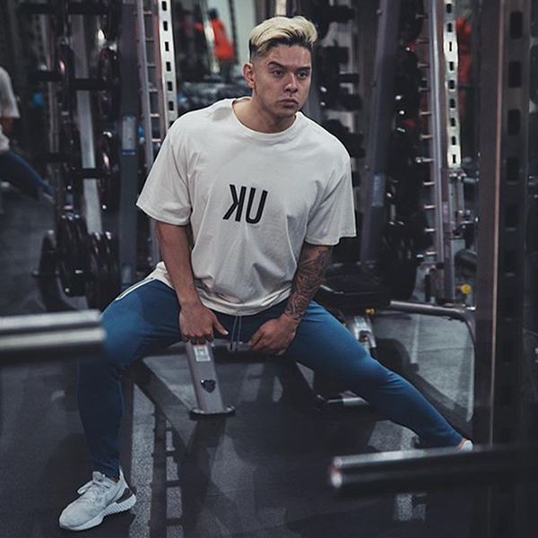 

men's t shirts muscle brothers sports short sleeve cotton half fitness loose running clothes breathable training casual wear, White;black