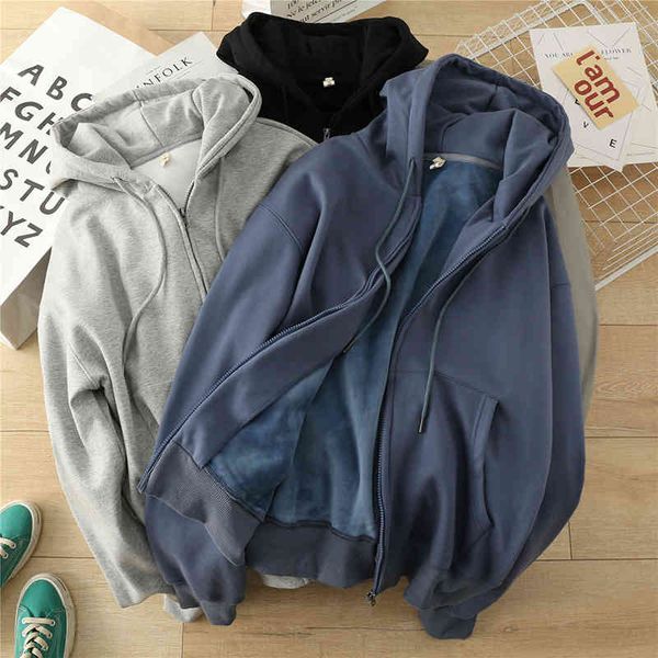 

hoodies plush zipper sweater women's winter warm and thick northern loose thin hooded casual thickened hoodie coat, Black