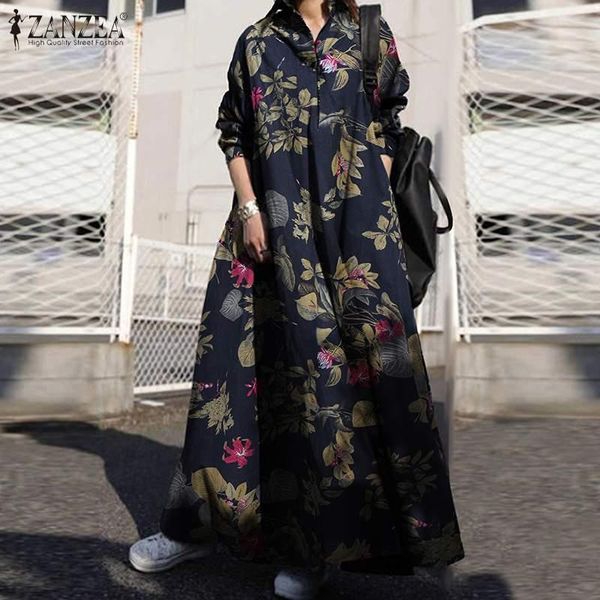 

casual loose dress oversized vintage women floral printed sundress female autumn long sleeve vestidos plus size dresses, Black;gray