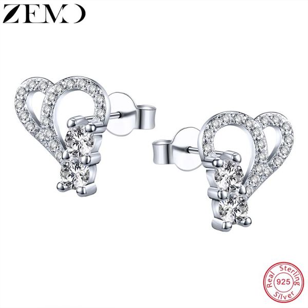 

stud zemo real silver 925 sterling double heart studs earrings with cz for women shinning crystal girls' ear jewelry, Golden;silver