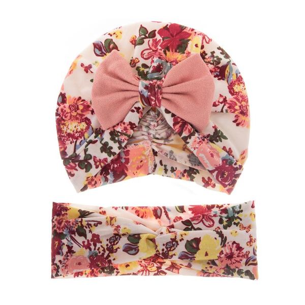 

caps & hats 2pcs cute baby beanie headband set flower print infant girls hat soft cotton bow kids turban headwraps, Yellow