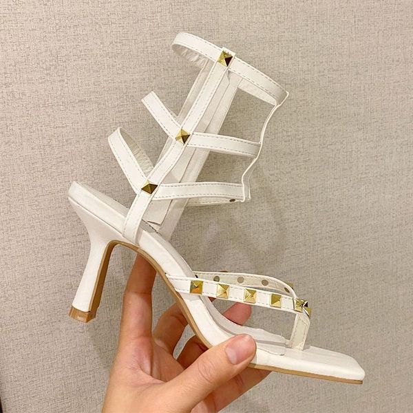 

net celebrity high-clip toe rivets band women sandals stiletto high heels shoes rome zipper studs femmes sandalias2021, Black