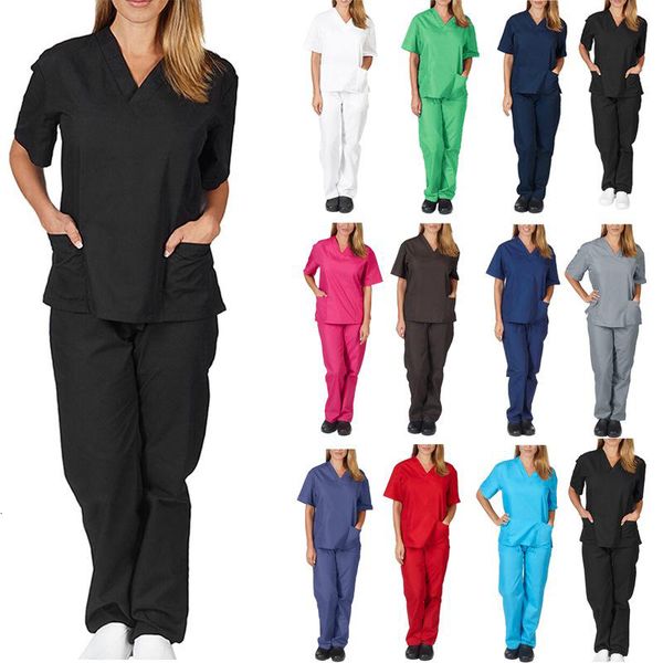 

womens two piece work fitness sets clothes nursing uniforms scrubs clothes fashion ladies short sleeve v-neck shirt pants hand clothing, White