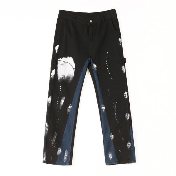 

men's jeans spring loose straight black ink-sprayed high street long pants, Blue