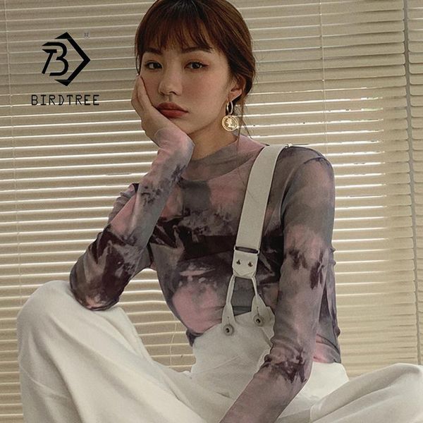

women's t-shirt tie dye e girl pink mesh long sleeve t shirt women turtleneck back zipper see through tshirt 2021 y2k aesthetic t12201x, White