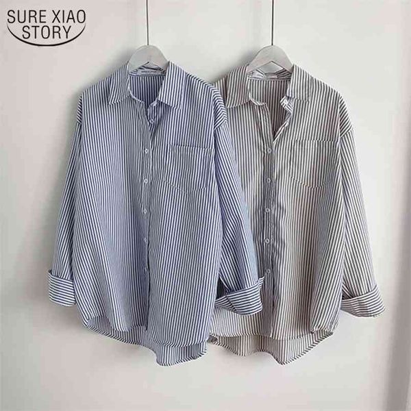 

office ladies striped shirt blouses women casual cotton female fashion single-breasted loose blouse blusas 13057 210421, White