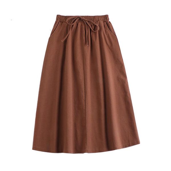 

skirts katoen linnen effen midi plooirok women 2021 retrieve winter ladies korean edge up high taille a -line school long rok female, Black