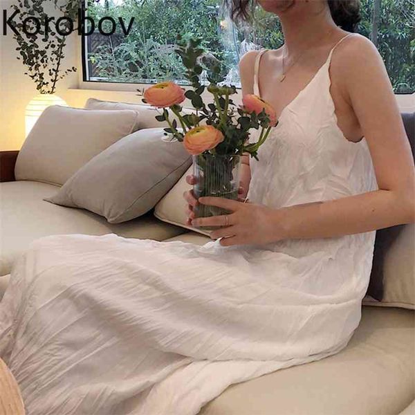 Korobov White Spaghetti Strap Vestido Vintage V Neck Vestidos Verão Coreano Chic Boho Estilo de Praia A linha Vestidos Femme 210430