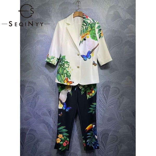 

women's tracksuits seqinyy vintage suit 2021 spring autumn fashion design half sleeve beading sequined + midi black pants flower bird p, Gray