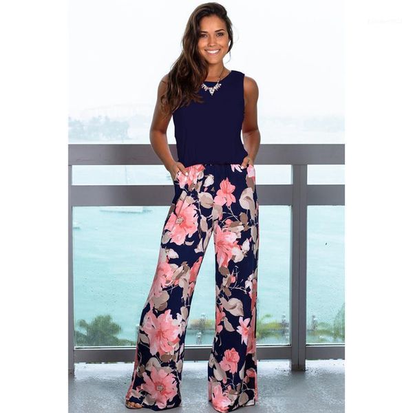 Tute da donna Pagliaccetti Pantaloni maxi floreali da donna Tuta 2021 Salopette alla moda con pantaloni larghi da tasca Un pezzo estivo senza maniche Pl