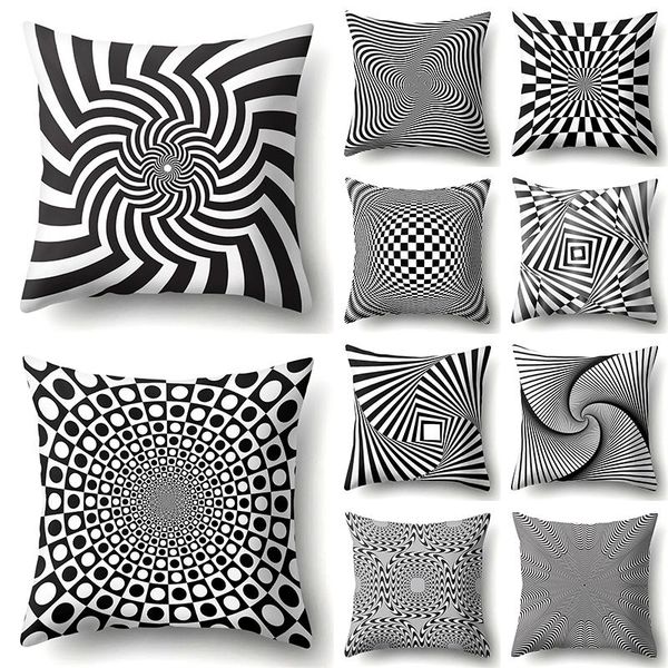 

cushion/decorative pillow geometry pillowcase for bed 3d visual abstract cushion cover living room decor black white striped grid case 45x45