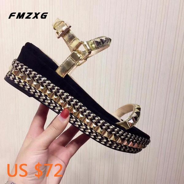 

sandalias mujer 2021 fashion rivet flat with summer shoe real leather wedges shoes for women platform buckle strap sandals, Black