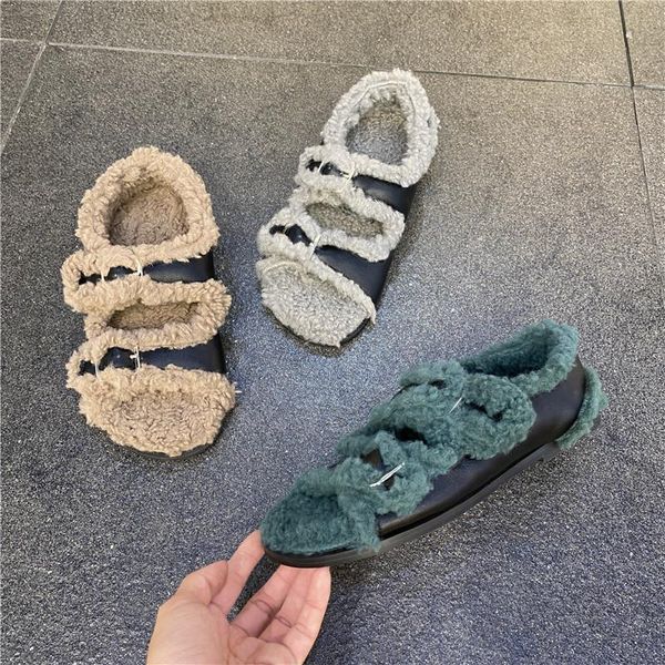 

sandals wool women's for autumn and winter style open-toed double belt buckle korean flat-bottomed velvet, Black
