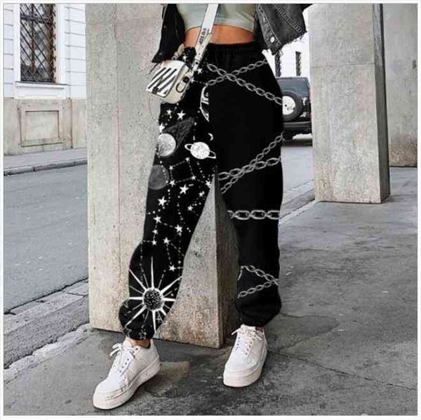 

womens loose sweatpants trendy printed elastic waist color block street jogger pants with pockets, Black;white