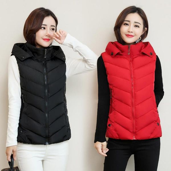 

women's vests winter hooded solid cotton vest middle-aged loose casual zip pocket sleeveless short jacket, Black;white