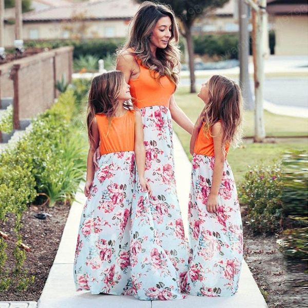 

mommy and me clothes mother daughter dress sleeveless casual patchwork flower long dress, Blue