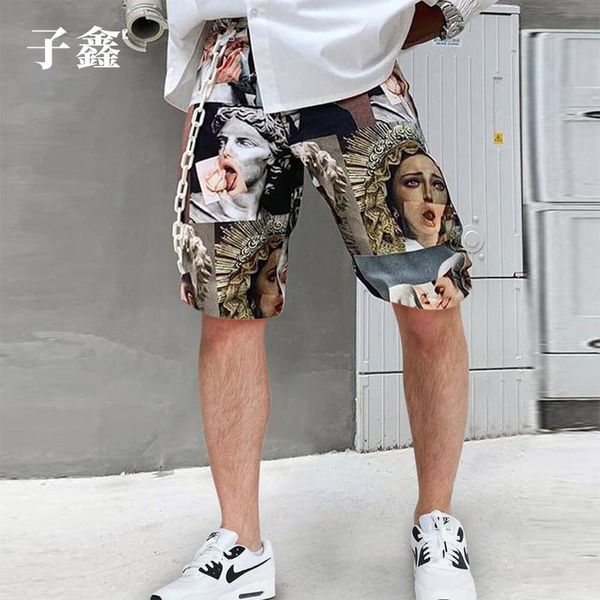 

men's shorts men pants spring/autumn streetwear printed straight loose mid waist casual trousers fashion short length, White;black