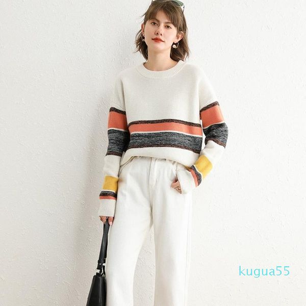 

women's sweaters cashmere sweater round neck color-blocking drop-shoulder pullover knitting loose autumn and winter style, White;black
