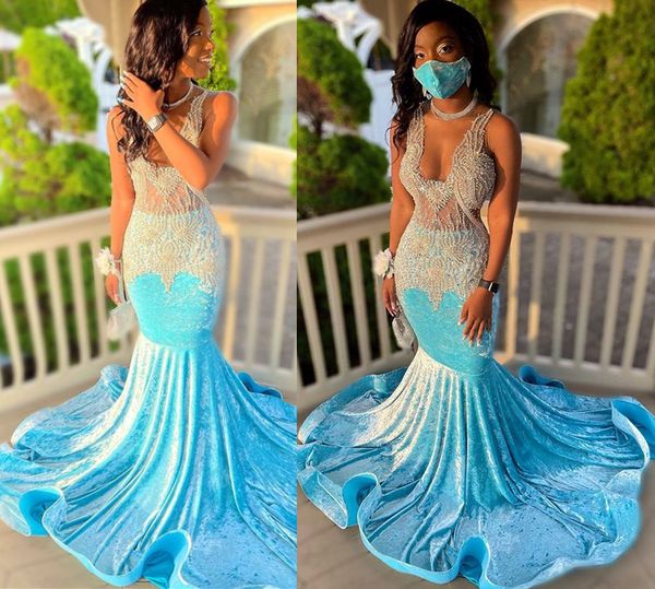 2021 Plus Size Arabo Aso Ebi Blu Lussuoso Abiti da ballo a sirena Cristalli di perline Velluto da sera Festa formale Abiti da secondo ricevimento Abito ZJ464