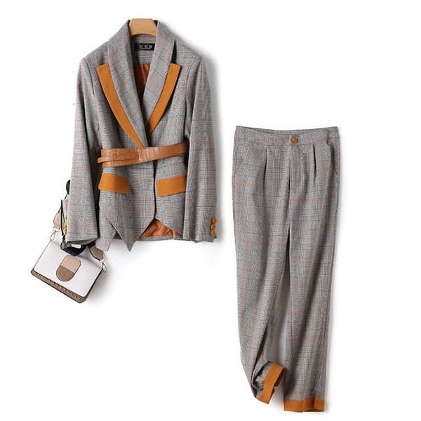 

pants woman sets autumn winter office lady elegant plaid belt blazers + pencil pants suit set 2 piece outfits women jc291, White