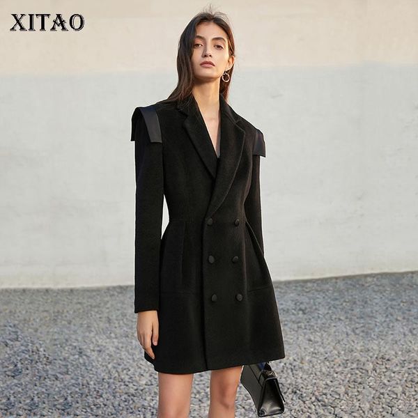 

women's wool & blends xitao women blend fashion trendy pleated shrink waist double breasted solid color splicing spring autumn all-matc, Black