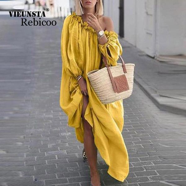 

casual dresses off shoulder ruffles dress elegant women slash neck solid beach long autumn sleeve pleated 5xl, Black;gray